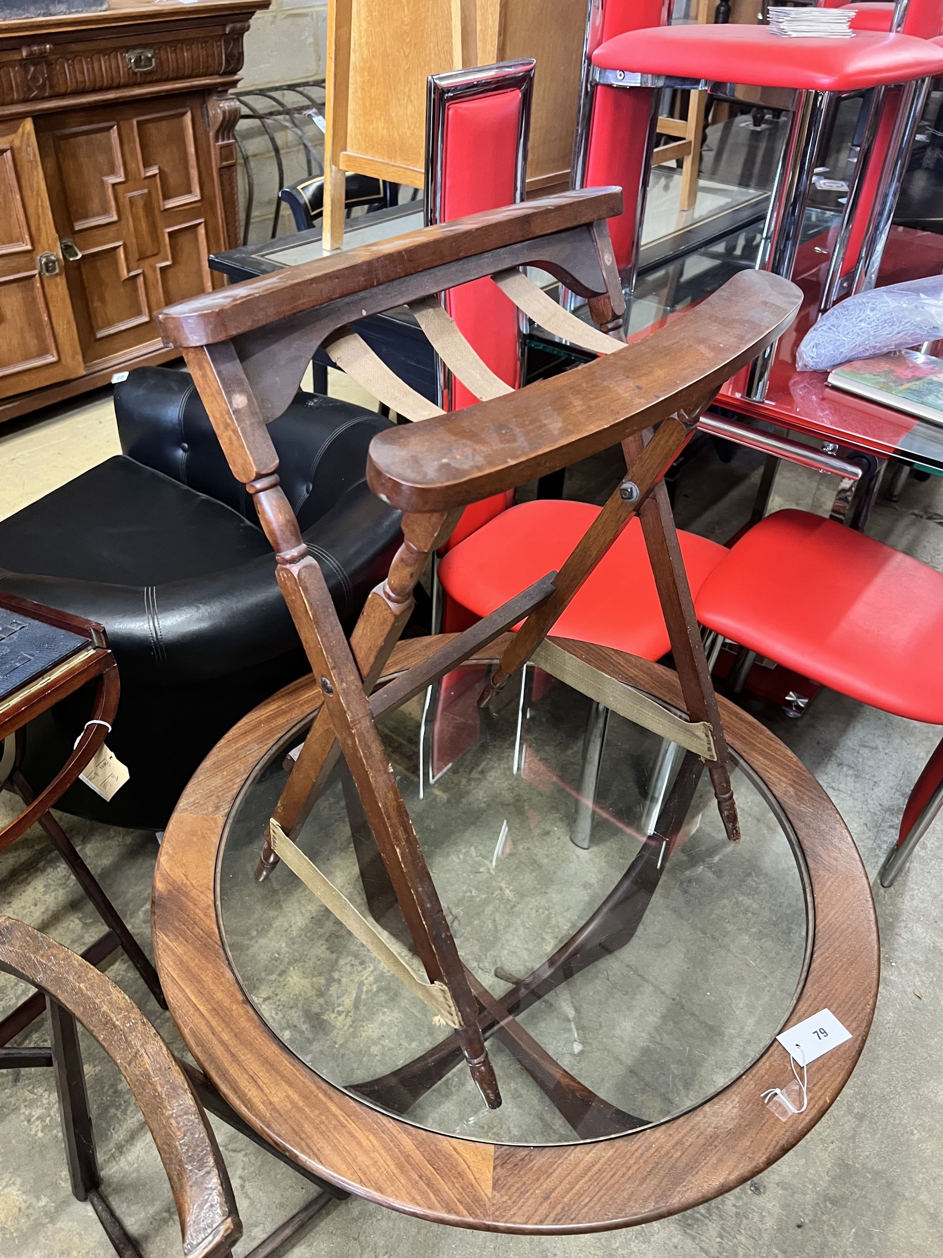 A lace pillow bolster stand, a mahogany work box on folding stand and a lacemaker's pillow stand